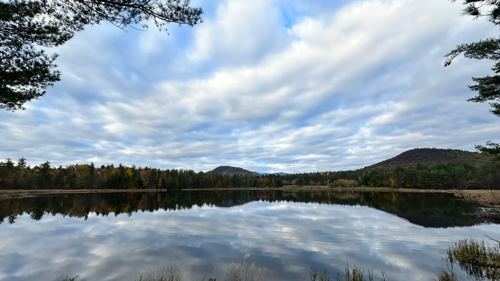 A still pond in Jay reflecting an October sky, ringed by mixed pine and hardwood forest turning autumn colors